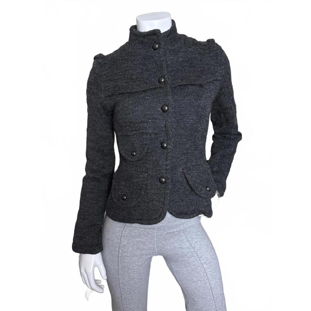 Free People Wool Military Jacket Small /Gray Charcoal Knit Coat Red Pattern Back